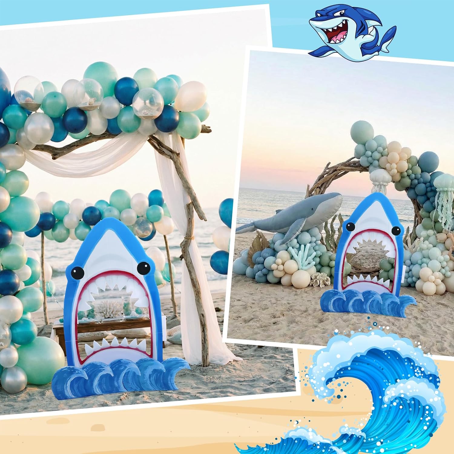3.94ft Shark Cardboard Cutouts Photo Booth Props with Blue Waves Beach Frame Sea Ocean Birthday Shark Themed Party Large Size for Selfie Favors Party Decorations Picture Background
