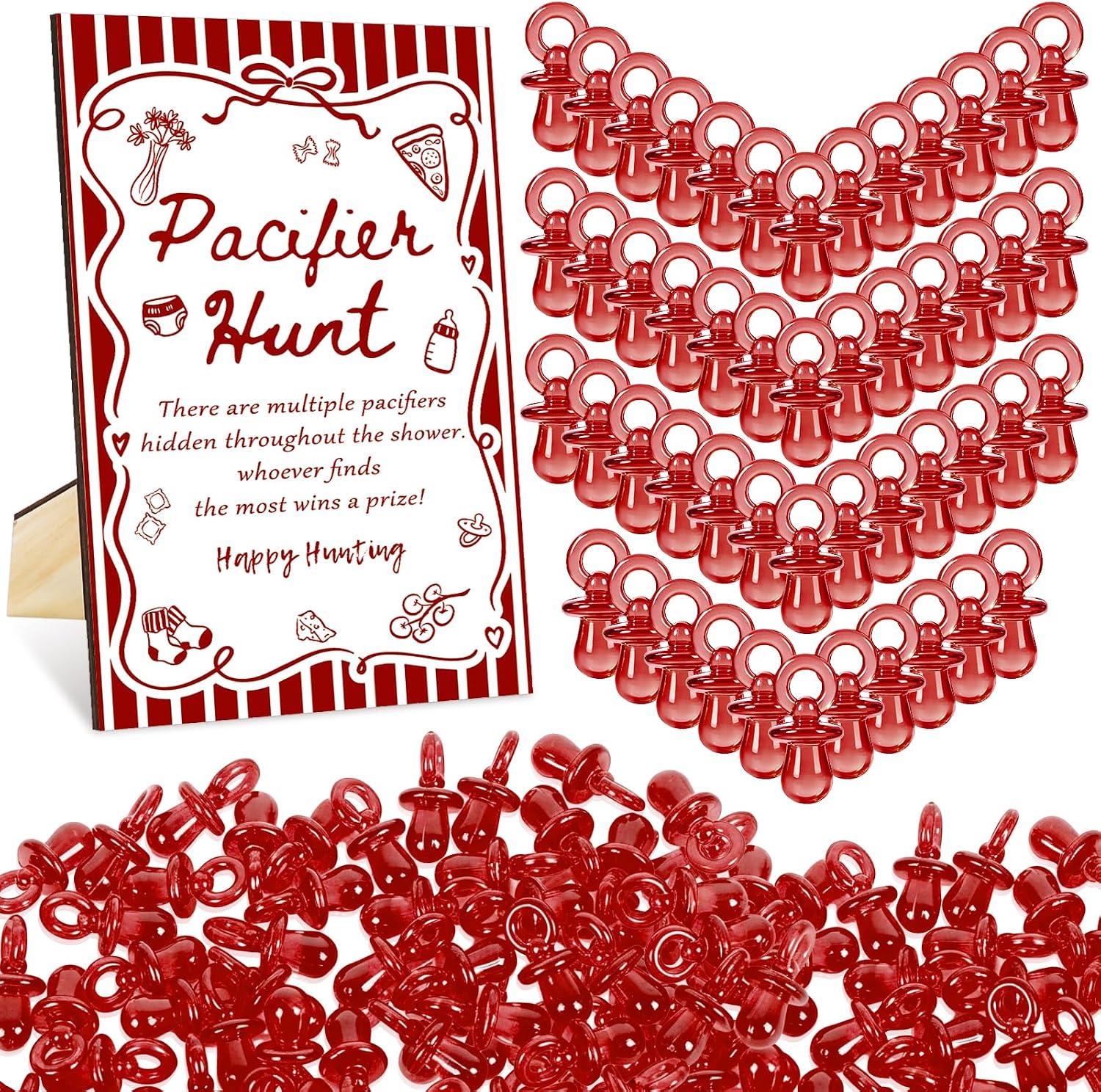 Whaline 51 Pcs Pacifier Hunt Baby Shower Game Include Pink Watercolor Flower Clothes Wooden Sign 50 Pink Plastic Pacifier for Girls Gender Reveal Party Favor Gift Supplies