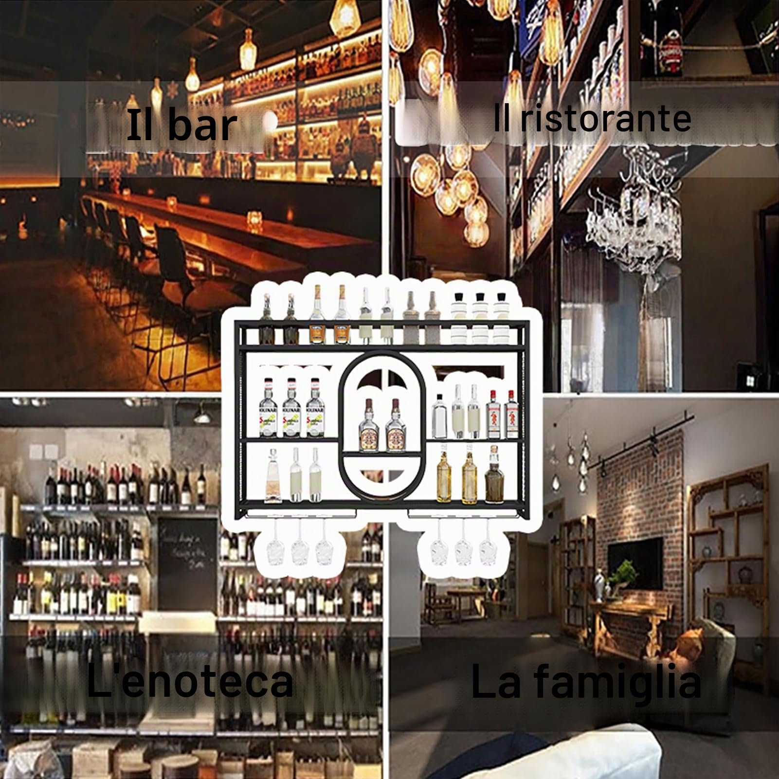 Metallo Vino Portabottiglie Da Parete Con LED,Con Portabottiglie Industriali A Parete Homebar, Cucina, Catering(Black,1.4m)