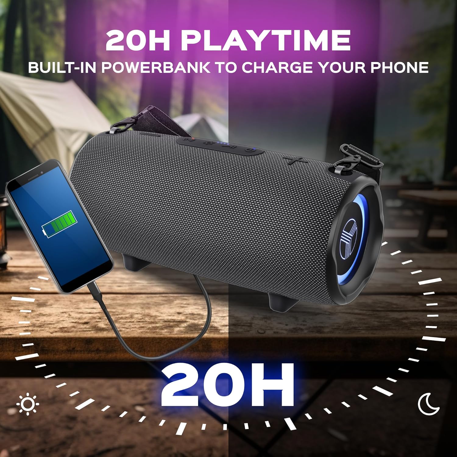 TREBLAB HD-Max speaker charging a smartphone, illustrating its power bank feature.