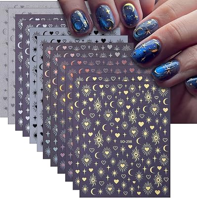 yefiuo 12 Sheets Silver Gold Moon Star Nail Art Stickers - 3D Self Adhesive Decals Heart Nail Decals Luxury Design for Acrylic Nails DIY Manicure Decorations - Supplies Accessories for Women