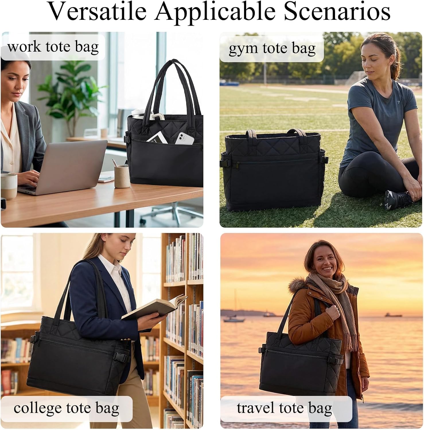 Puffer Tote Bag for Women, Work Bag with Cup Holder, Teacher Bag with Compartments, Quilted Tote Bag with Zipper for Travel - Image 7