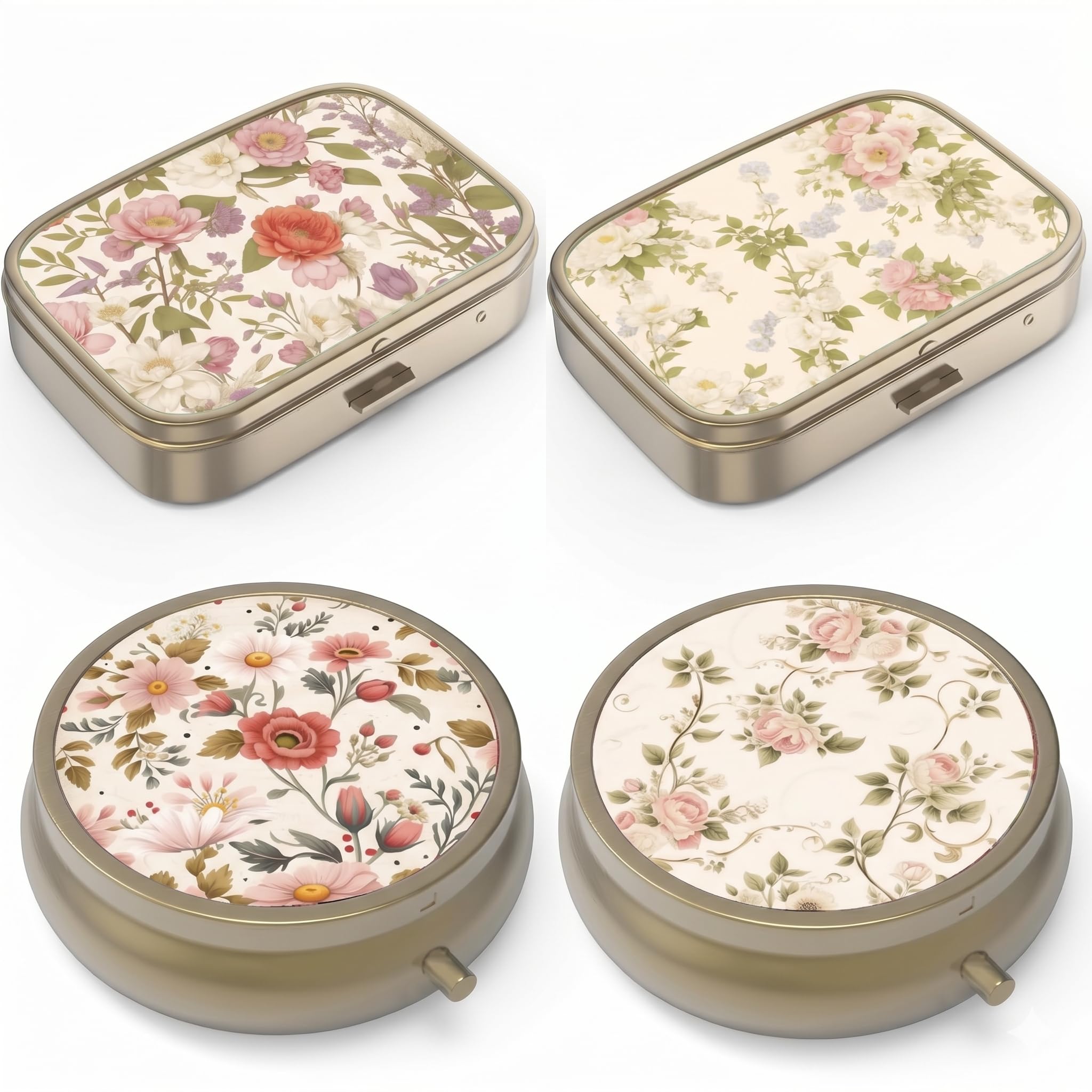 Pill Organizer Pill Box with Mirror Retro Small Pill Case for Purse-4pack