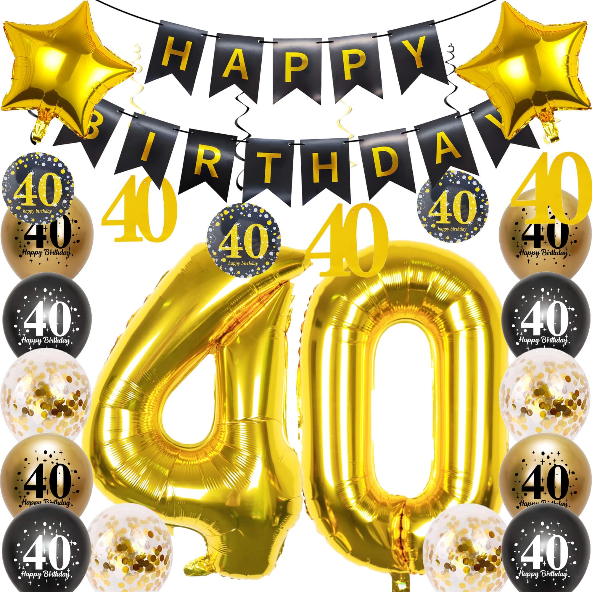 Pargleev Black Gold 40th Birthday Decorations Kit for Men & Women, Includes 32in Number 40 Foil Balloon, Swirl Decorations, Happy Birthday Banner,