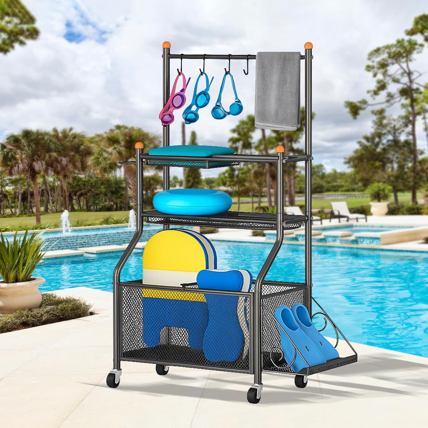 Pool Float Storage Holder, Large Steel Organizer with Hooks, Towel Rack, Side Platform & Wheels, for Poolside, Patio, Indoor – 31.8" x 14" x 61", Black, Rust-Resistant