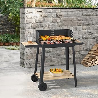 casa.pro Ari Charcoal Barbecue Grill Stainless Steel Garden Grill with Shelves 2 Wheels Wind Protection with Grill Grate Height Adjustment 78 x 86 x 30 cm Steel Black/Bamboo