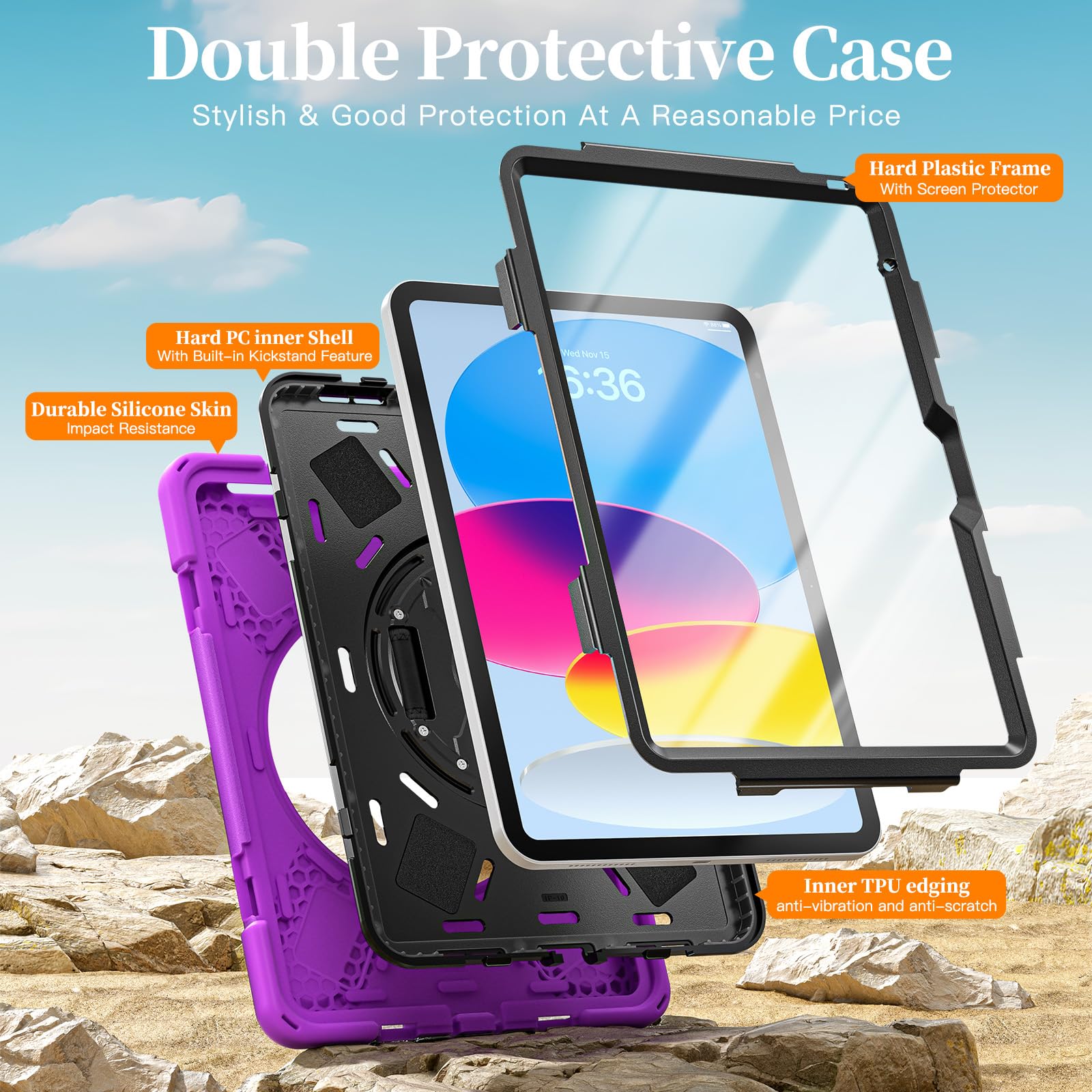 Etui na tablet kompatybilne z iPadem 12th A19 2026/11th 27.9 cm A16 2025/10th 27.7 cm 2022 W, pasek na ramię i obrotowa podpórka i pasek na rękę, klasa wojskowa, odporne na wstrząsy, wytrzymałe etui