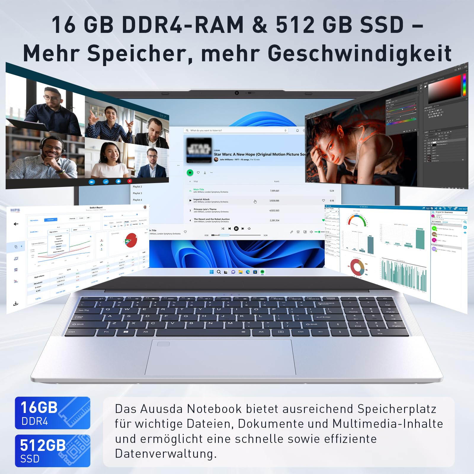 Auusda Laptop 15,6 Zoll Notebook, 16GB DDR4 RAM 512GB SSD, 3250C Prozessor, Fingerabdrucksensor, beleuchtete Tastatur, Ziffernblock, Privacy-Kameraabdeckung, leichtes Notebook für Schule & Büro