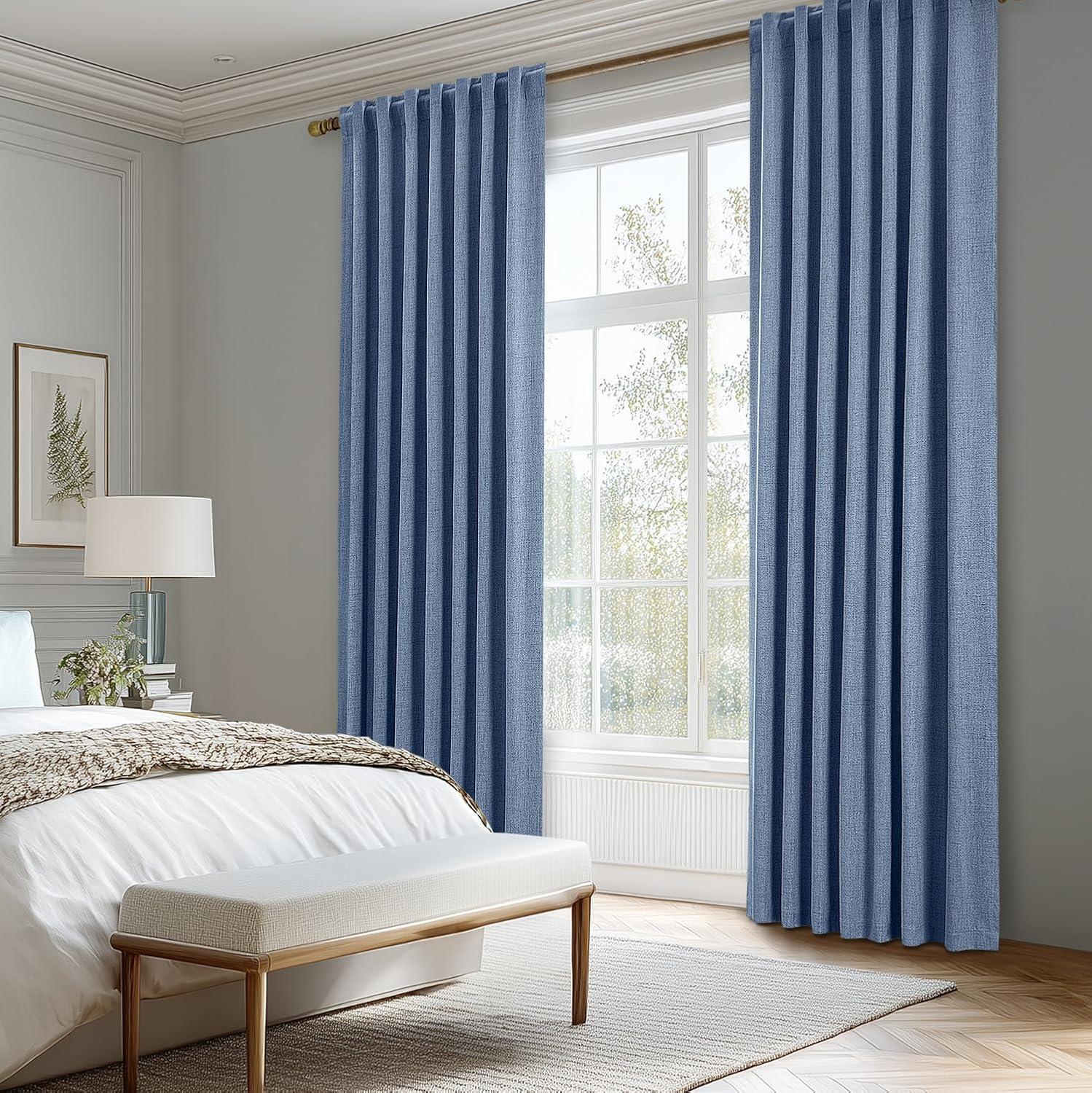 MIULEE 100% Blackout Linen Curtains for Bedroom, Blue Solid Luxury Decor Thermal Insulation Room Darkening Drapes for Living Room Nursery Back Tab Rod Pocket 42 x 84 Inches, 2 Panels