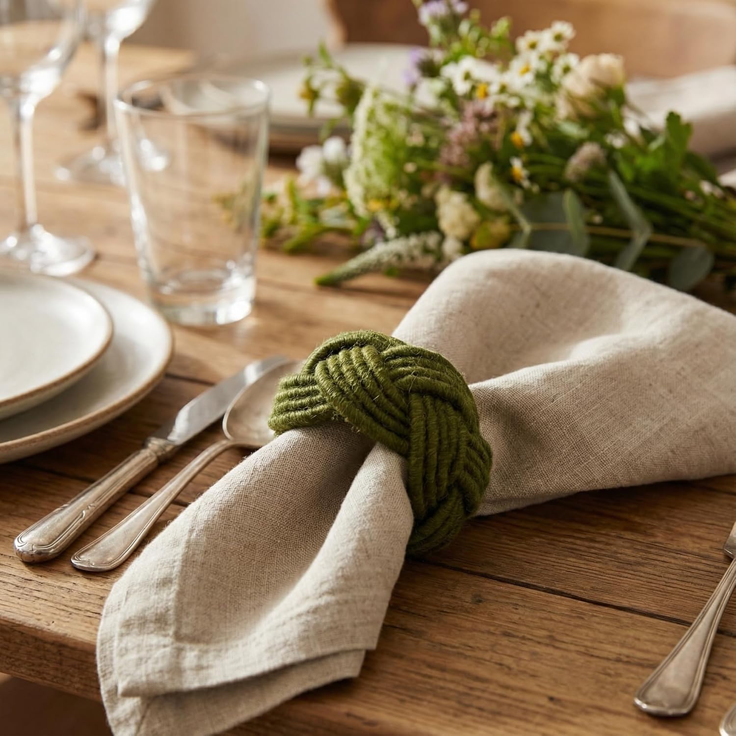 GURU JEE™ Handmade Jute Napkin Rings Green Set of 8 Everyday Use Dining Party Tabletop Décor Gifts Napkin Holder 1.5 Inch in Size Artisan Crafted in India