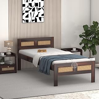 Modern Sheesham Wood Bed with Cane Panel Headboard & Footboard | Mid-Century Style Wooden Bed Frame (Walnut Finish) Size 6.5X3