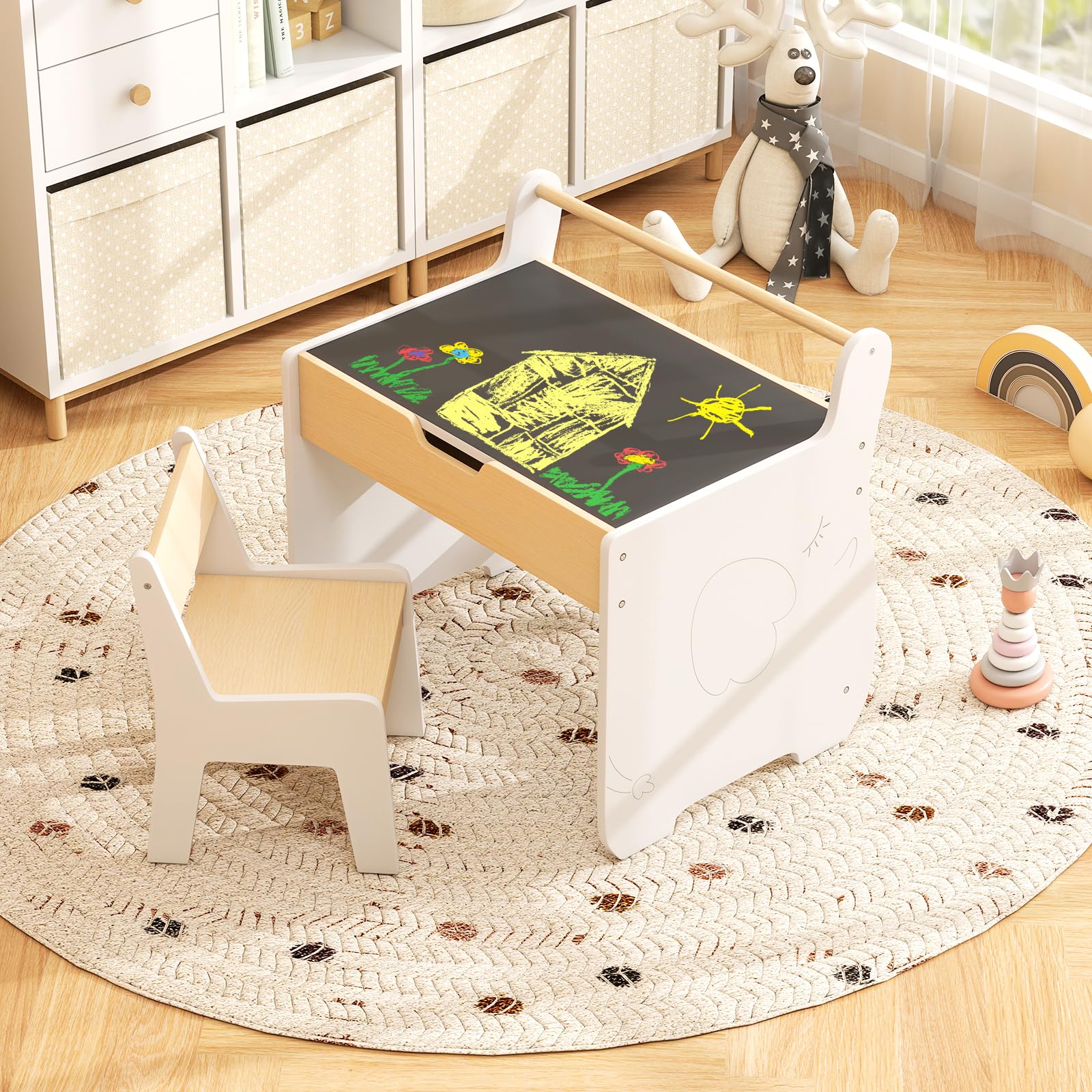 Costzon Kids Table and Chair Set, Wooden Multi-Activity Table with Blackboard, Whiteboard, Paper Roll Holder for Art, Craft, Toddler Table and Chair Set for Classroom, Daycare, Home (White)