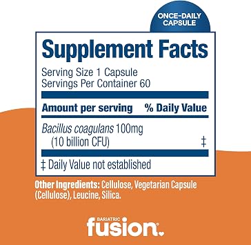 Bariatric Fusion Probiotic Capsule | Easy to Swallow Bariatric Vitamin | 10 Billion CFU | Bacillus Coagulans | Support Digestive & Immune Health | 60 Count