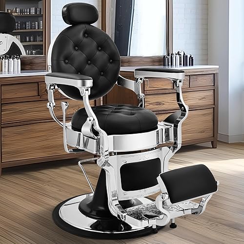 Miniatura 8 de Silla de peluquería resistente para peluquería, silla reclinable negra para estilista, giratoria de 360°, reposapiés y reposacabezas ajustables