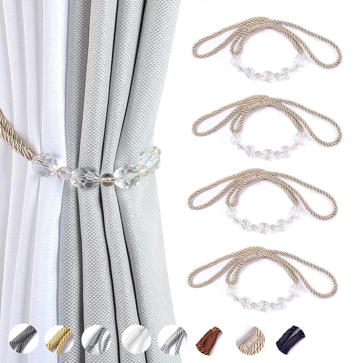 Tassel Curtain Tiebacks， Curtain Tiebacks 4 Pack Multicolor 31. inches Braided Rope With Crystal Beads(Beige)