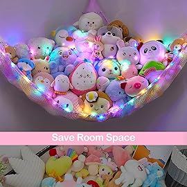 Unicorn Castle Stuffed Animals Net or Hammock Kids Toy Storage Organizer with LED Light Hanging Corner Stuffed Animals Holder Kids Girls Room Decor,Pink-Purple-Yellow,Large (Pack of 2)