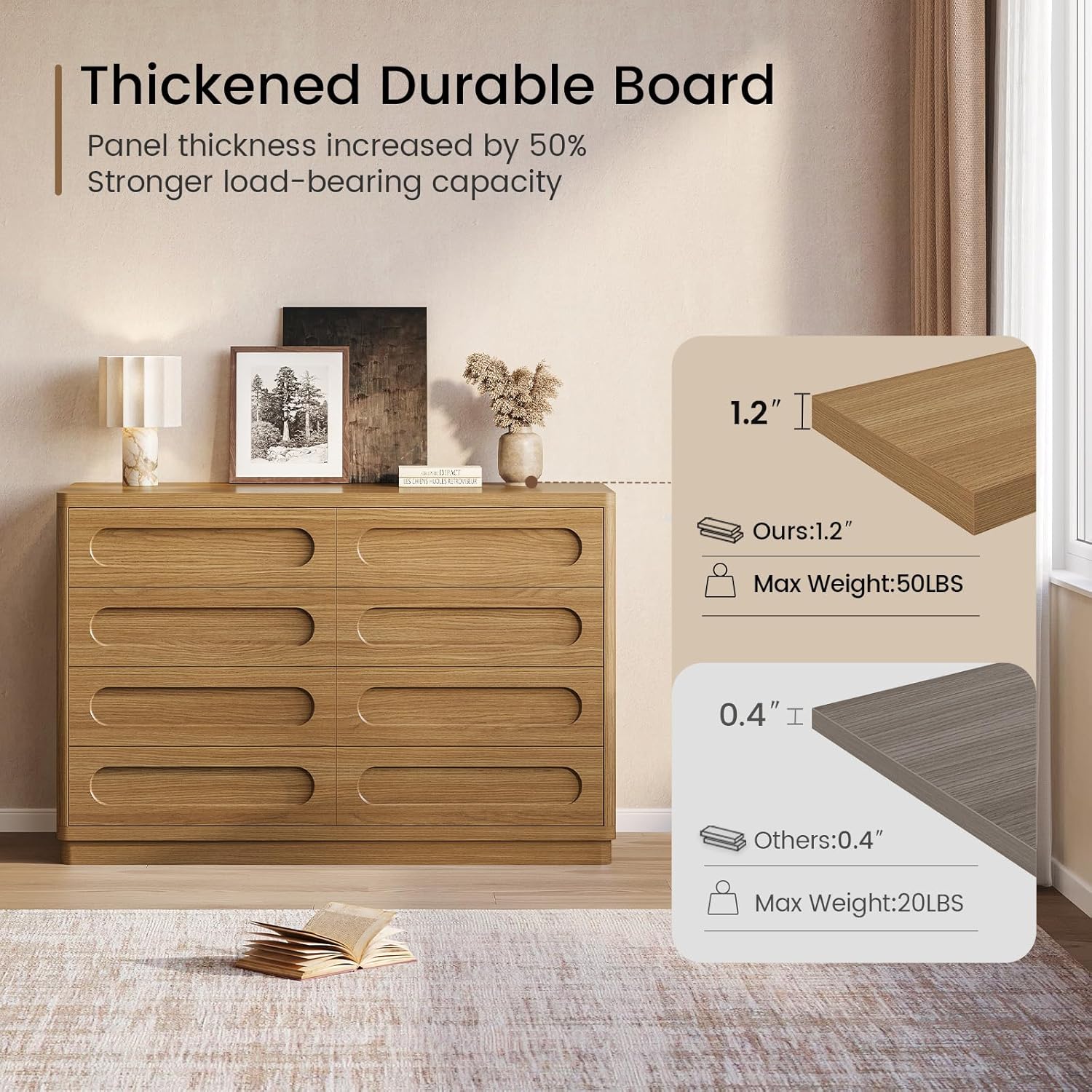 Dresser for Bedroom with 8 Drawers, 47.2" Wide Dresser for Closet with Deep Drawer, Large Wood TV Stand, Modern Chest of Drawers for Bedroom, Hallway, Oakbrown