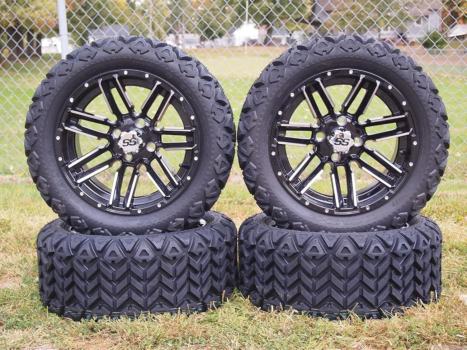 14 Inch Golf Cart Tire And Wheel Combo 23x10-14 Wanda DOT All Terrain Tires & 14"x7" Moto Machined Aluminum Wheels With 16X Chrome Lug Nuts & 4X Chrome Center Caps