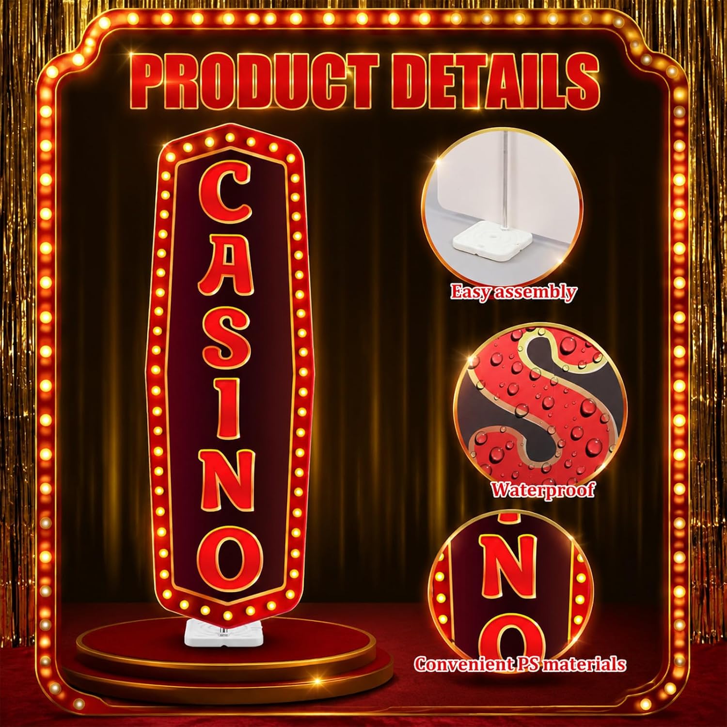 Funrous Casino Theme Party Decoration 72'' x 24'' Giant Casino Cardboard Stand-up Cutout Game Theme Life-Size Sign for VIP Red Carpet Outdoor Vegas Night Lawn Garden Pathway