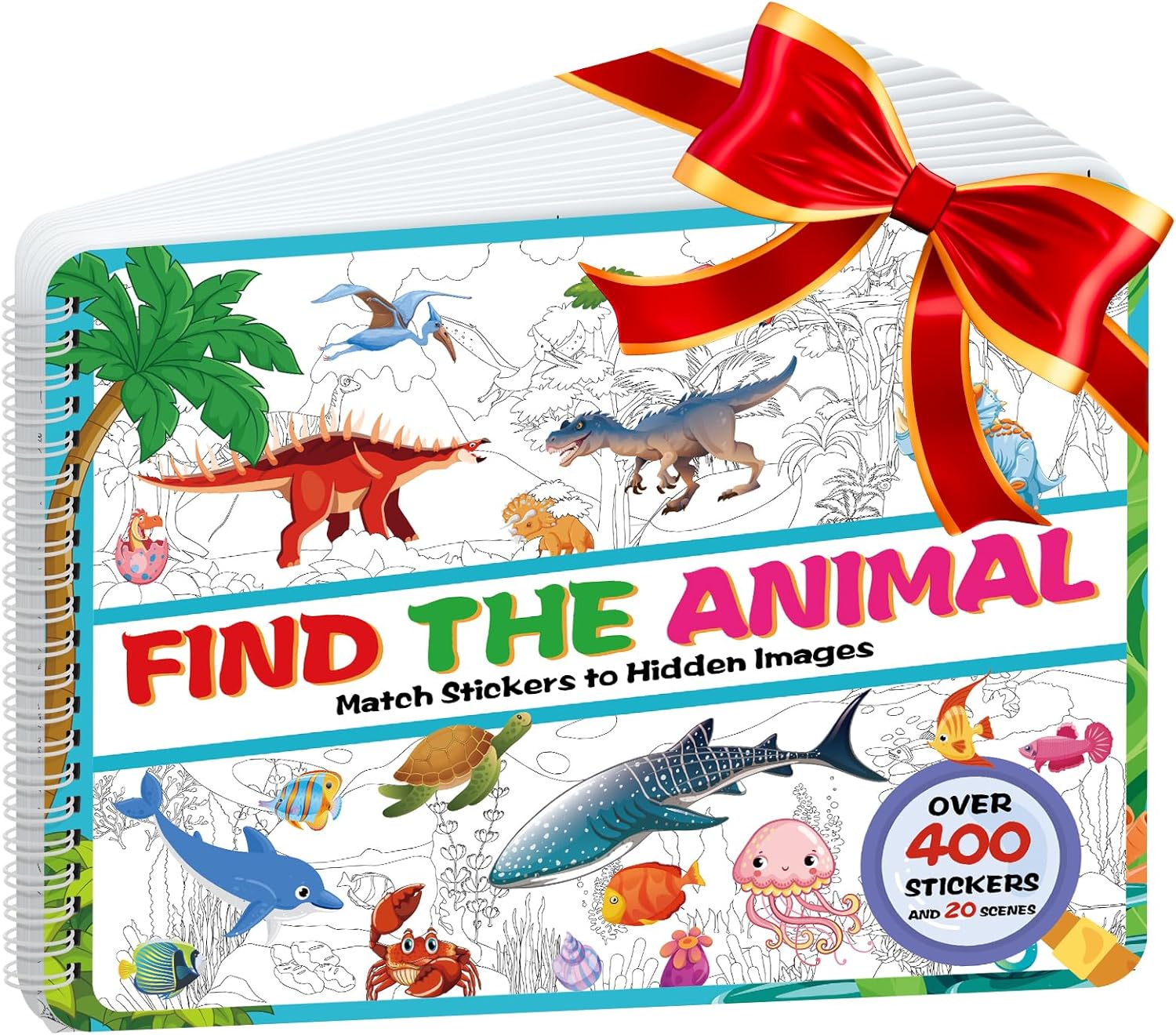 Kalysky Dinosaur and Ocean Animal Scene Sticker Book for Kids Ages 4-12, Search and Find Sticker Activity Book–Travel Toys for Toddlers, Airplane & Road Trip Games, Educational Fun
