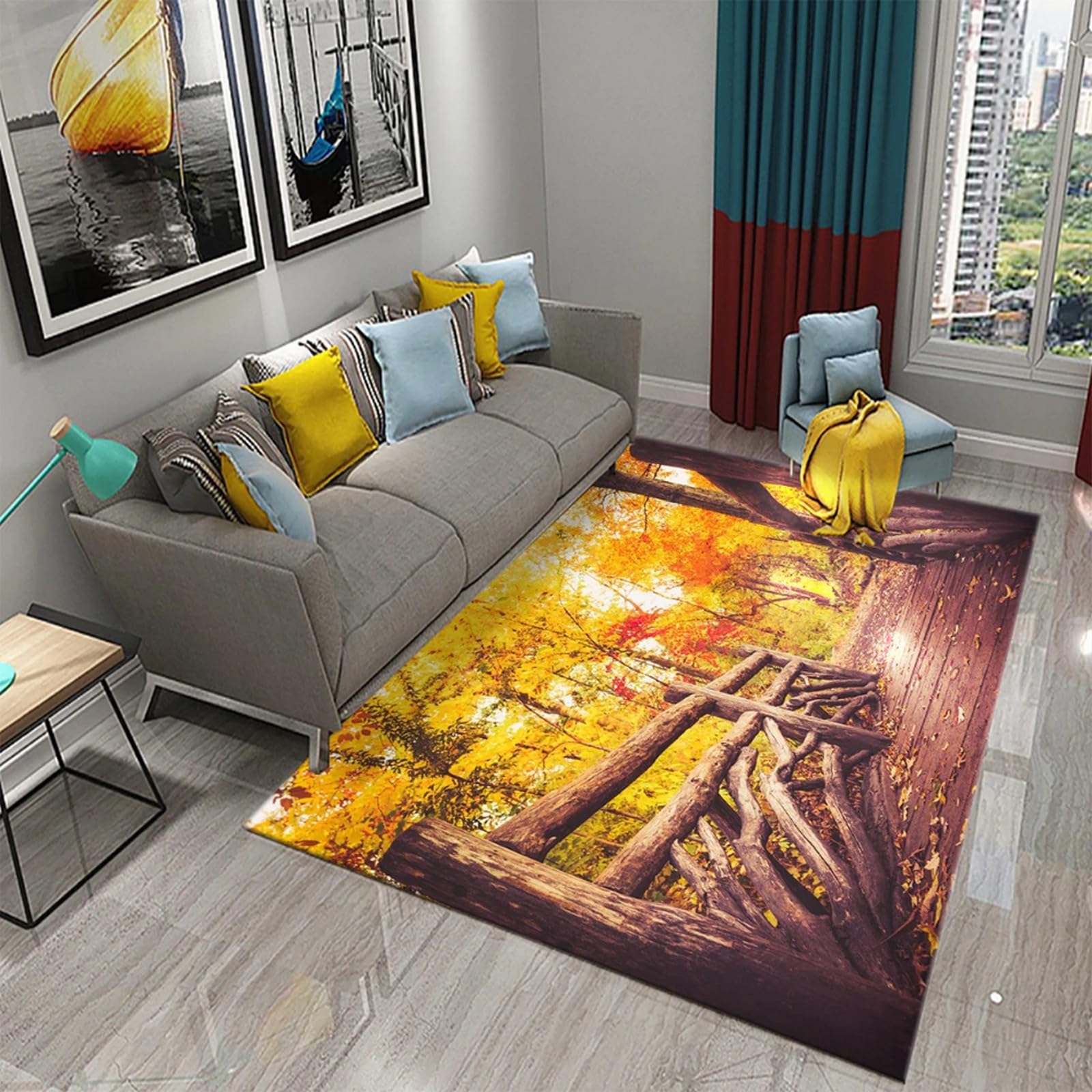 Tapis de sol antidérapant lavable imprimé 3D paysage érable pour grand salon