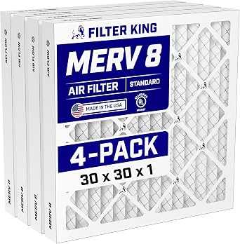 Filter King 30x30x1 Air Filter MERV 8 4-Pack Dust & Allergy Control AC Furnace Filters, MADE IN USA, HVAC, Pleated, Electrostatic Actual Size 29.5 x 29.5 x .75
