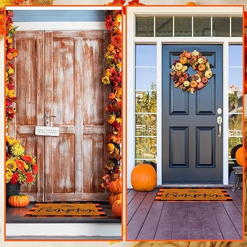 Miniatura 4 de Fabbay 2 tapetes de bienvenida de otoño, alfombra de lana cuadriculada en capas, tapete de fibra de coco de Halloween, tapete de calabaza para