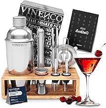 Cocktail Shaker Kit with Stand + Cocktail Book + Professional Accessories: Stainless Steel Extra Quality, Bar Set: Mixing Spoon Muddler Jigger Straw | Gin Mojito Martini Gift Set for Women and Men
