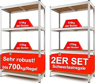 Izzy Schwerlast-Metallregal-Set mit 2 Kellerregalen im Maß von 160x80x40 cm, 4 Regalen mit einer Tragfähigkeit von 700 kg, 175 kg pro Regal, Stapelbar, Höhenverstellbar