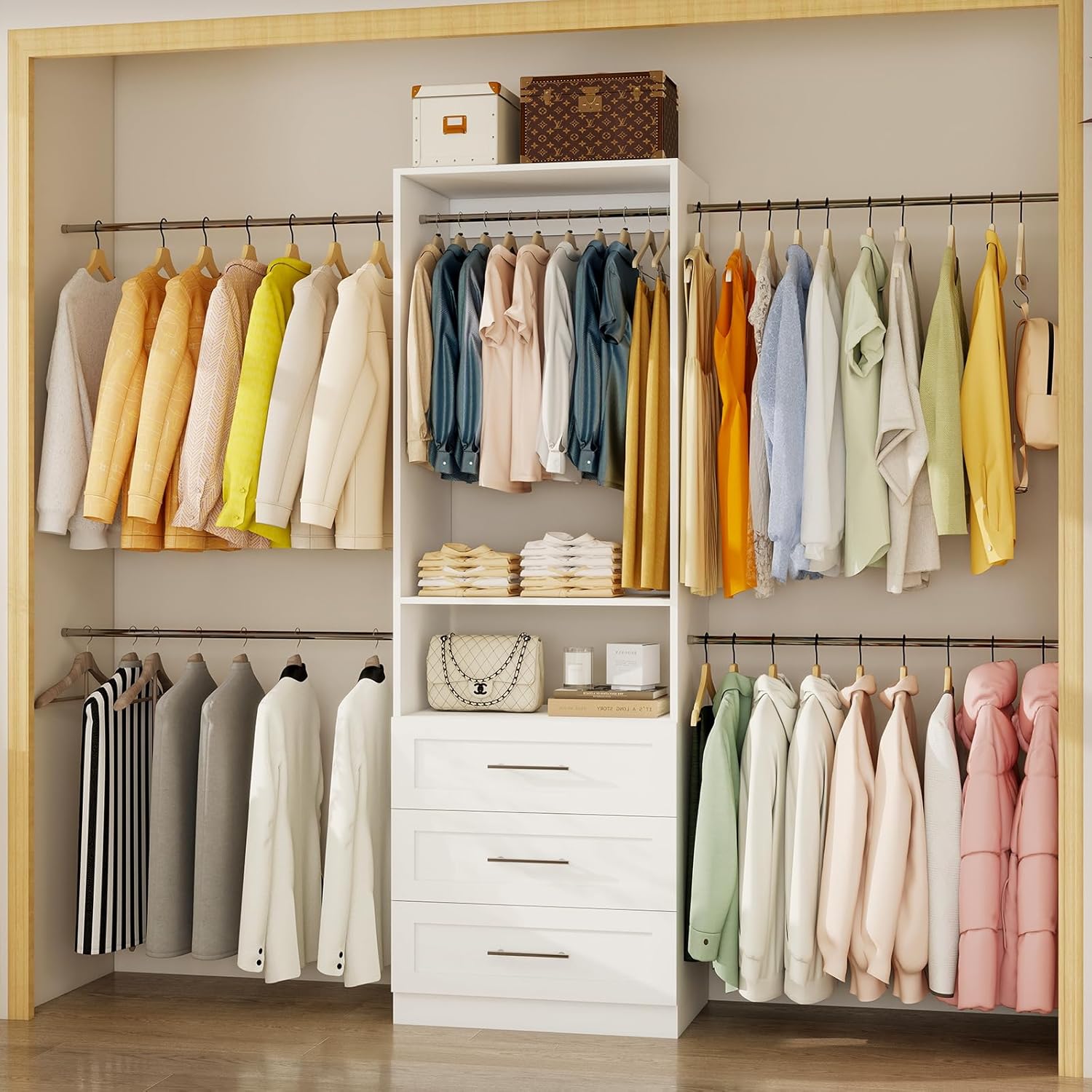 Closet System, 4FT-8FT-9FT Closet Organizer With Drawers Wooden, Walk in Closet System with 5pcs Hanging Rods and Shelves Storage, Closet Built in System Wardrobe Organizer, White