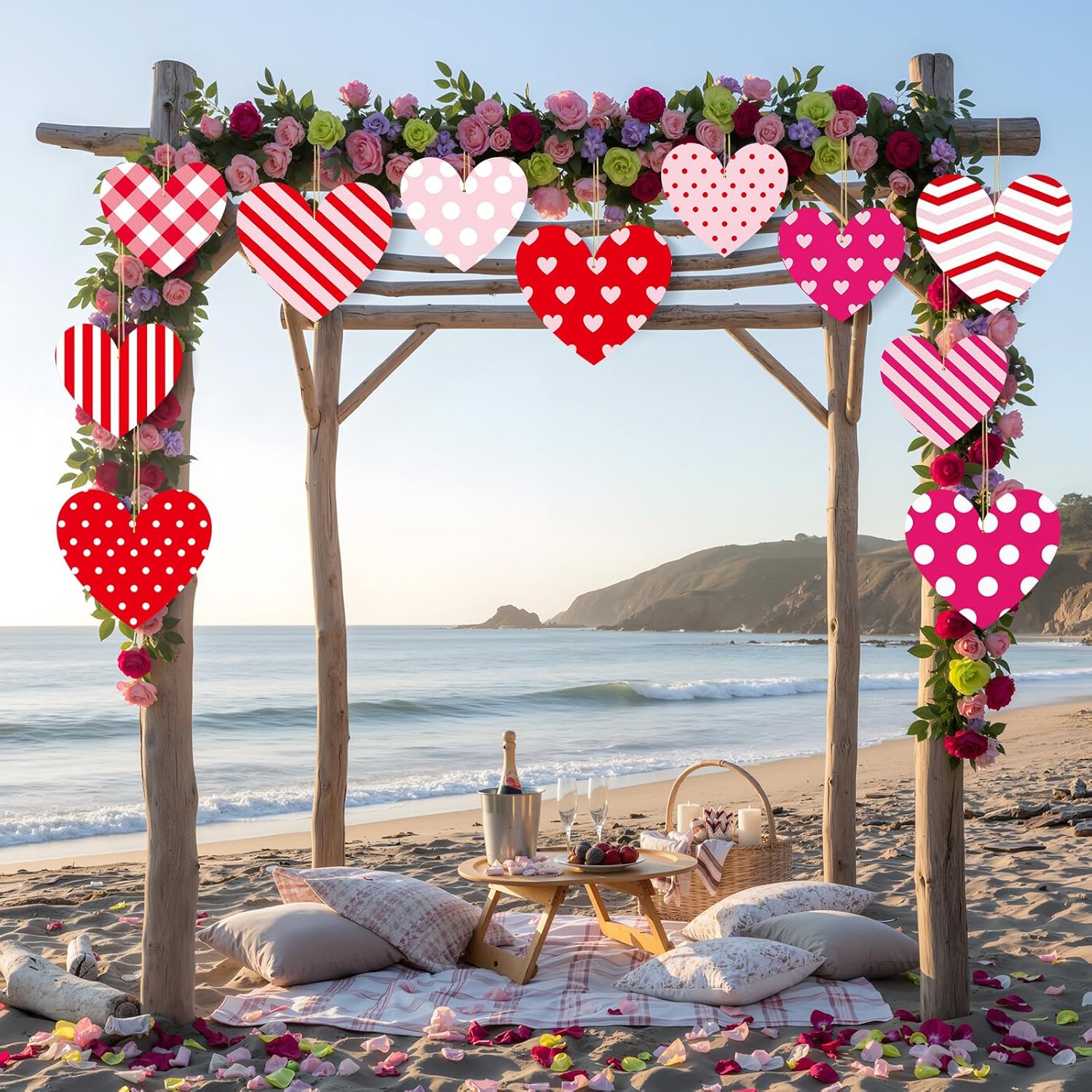 RattanView 12 Pcs Large Outdoor Valentine's Day Decorations Heart Hanging Decor 12'' and 10'' Red Pink White Tree Ornaments Plastic Love Tags with String Outdoor Lawn Yard for Valentine's Day Party