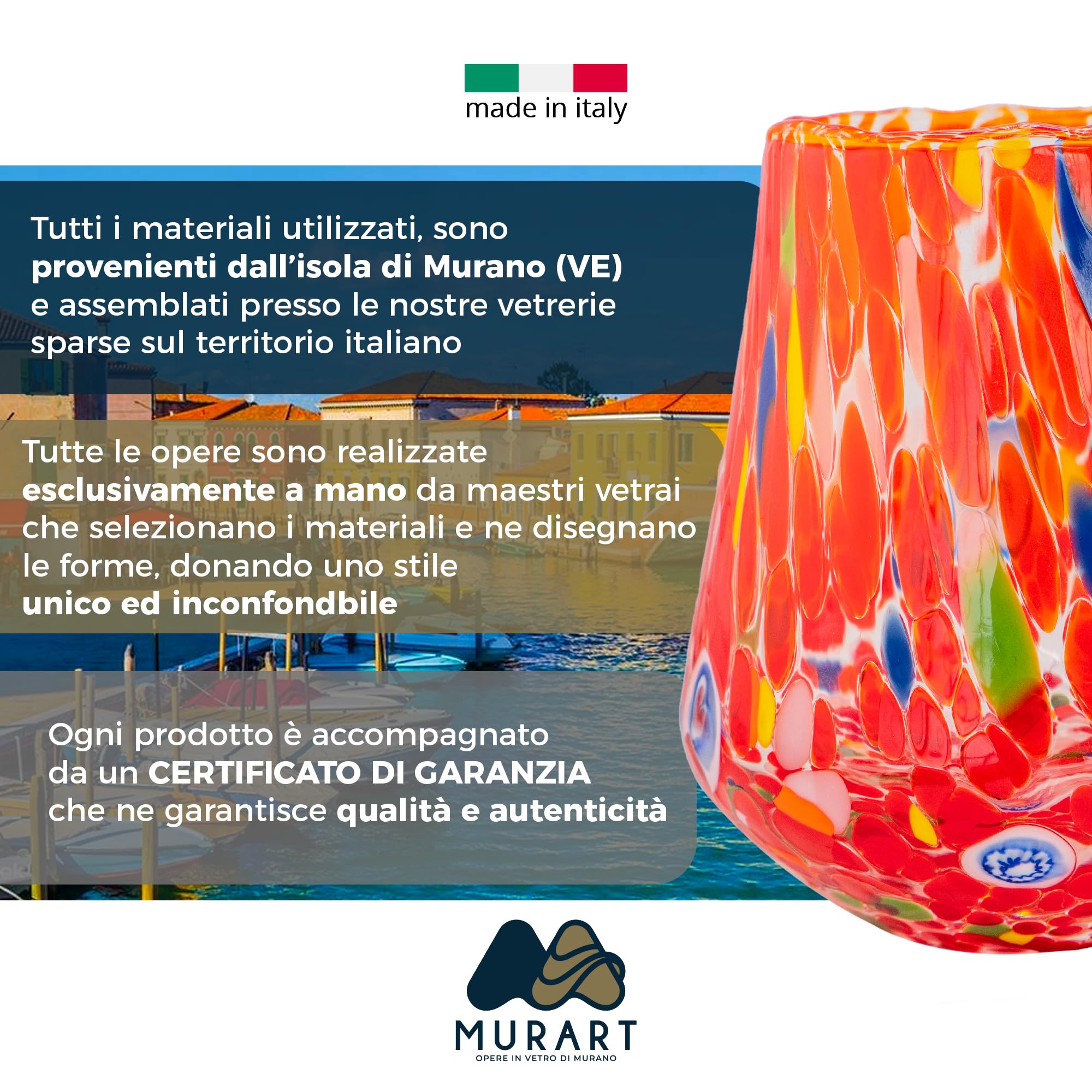 MurArt Bicchieri di Murano Set da 6 bicchieri da 300ml in vetro soffiato a mano in lavorazione artigianale Made in Italy B8 (Misto, Bicchieri Acqua 6pz)