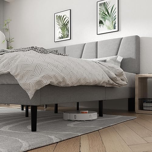 Miniatura 4 de Base de cama de plataforma tamaño King con cabecera tapizada geométrica, sin ruido, soporte de listones de madera, no necesita somier, fácil Gris
