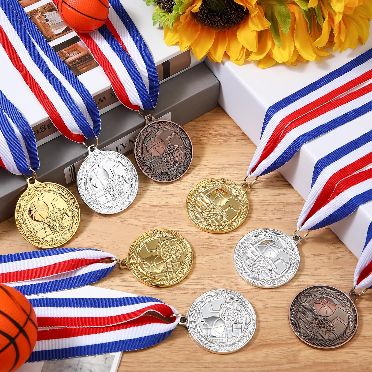 RoundFunny 36 Pcs Basketball Medals for Award Bulk Basketball Gold Silver Bronze Trophy Award Prize Gift for Sport Competition Party