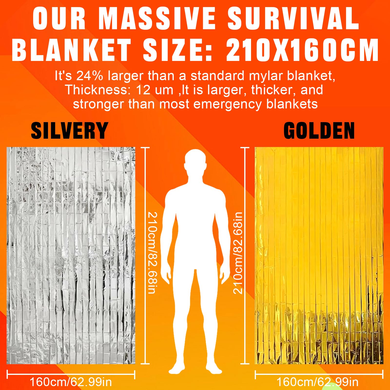 Coperta Termica Emergenza 10 Pezzi, 210×160cm, Coperta Isotermica Oro Argento, Coperta Termica Sopravvivenza, per Salvataggio Protegge da Freddo, Pioggia, Calore e Vento, All'aperto