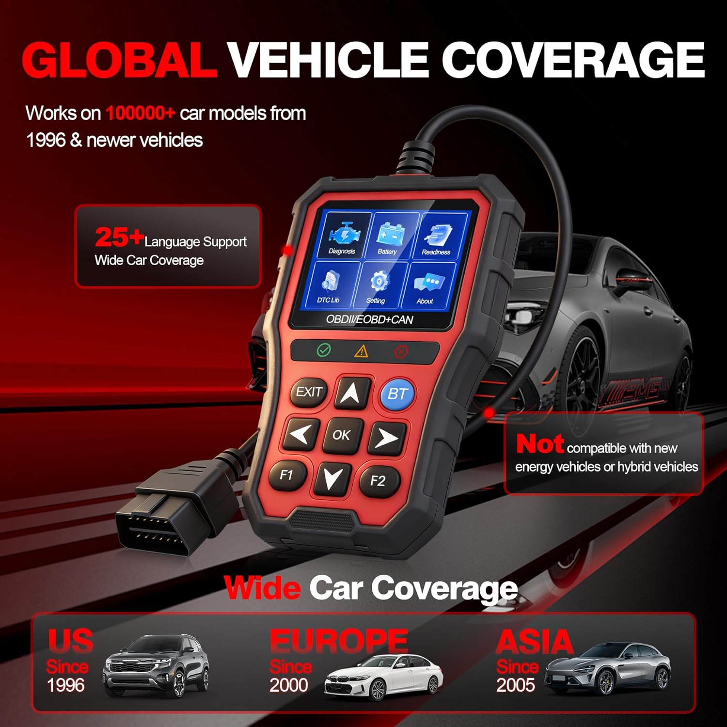 OBD2 Scanner Diagnostic Tool,Car Code Reader with Battery Tester, Check Engine Code Reader with Reset OBDII, Real-Time Date, DTC Lookup,Scan Tool for All OBDII Protocol Cars Since 1996