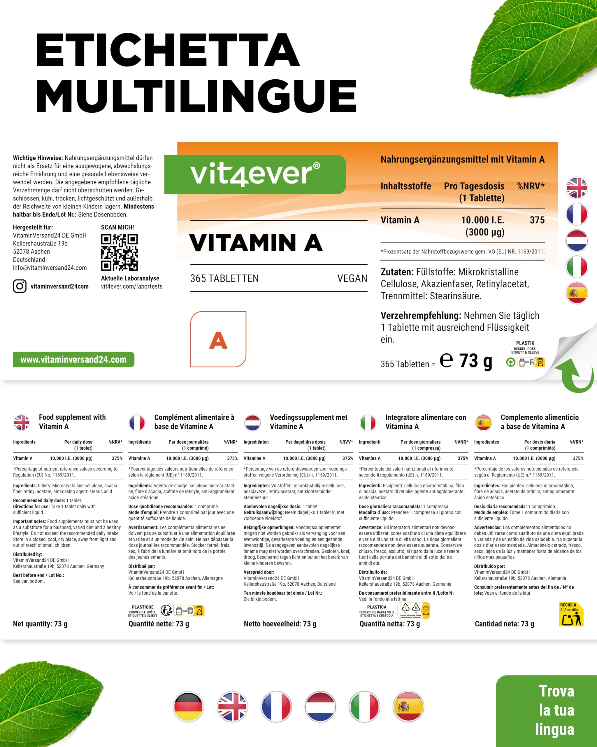 vit4ever Vitamina A - 10.000 U.I. (3000 µg) - 365 compresse - Alternativa alle capsule - Acetato di retinile ad alto dosaggio - Senza additivi inutili - Occhi, pelle, sistema immunitario - Vegan