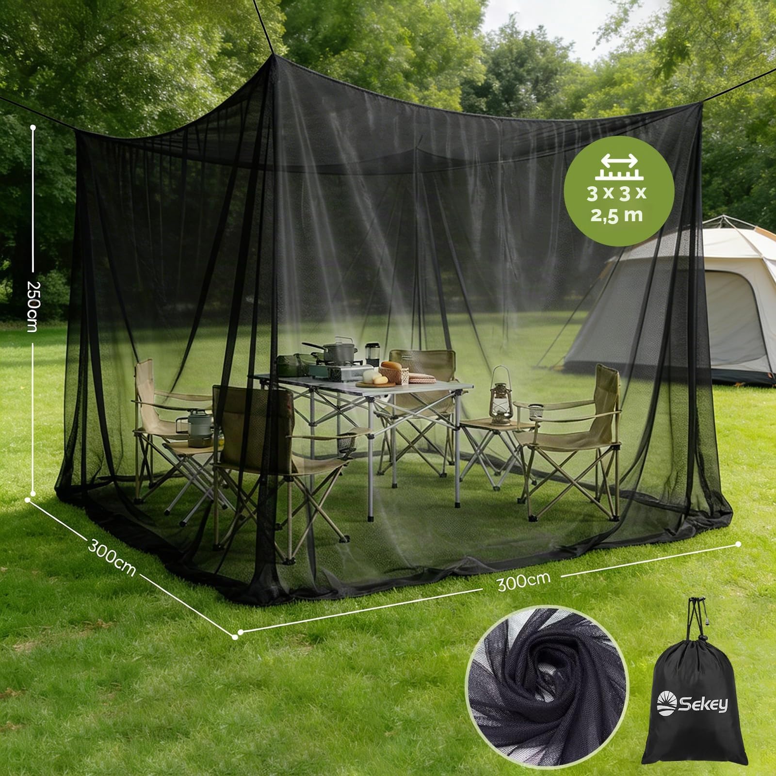 Sekey XXL Moustiquaire de Voyage, Moustiquaire pour Lit Double 300 x 300 x 250 cm, Tente de Camping Fermée, Protection Contre Les Insectes pour Une Utilisation en Extérieur, Terrasse, Noir