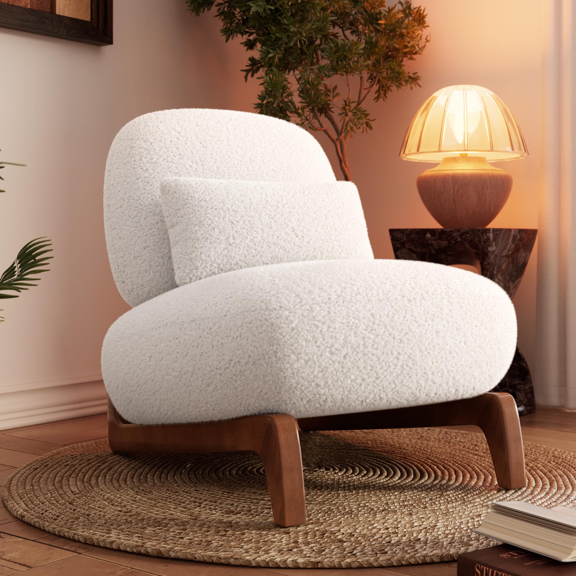 Farati Cloud Chair, Boucle Accent Chair Upholstered Tilted Back Sofa Chair with Lumbar Pillow & Wood Legs Thick Cushion Comfortable Armless Reading Chair for Living Room Lounge Bedroom Off White