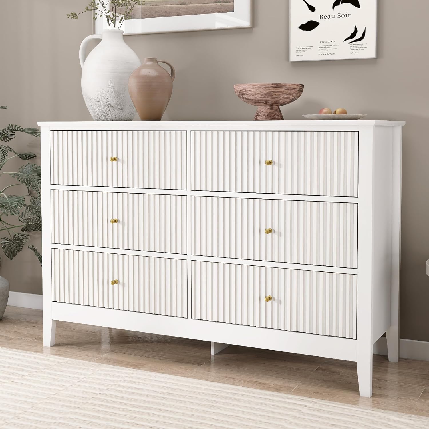 White Dresser for Bedroom, 6 Drawers Fluted Chest of Drawers with Storage, Modern Wide Storage Dresser with Paint Design, Wood Drawer Organizer White Dressers for Hallway, Entryway