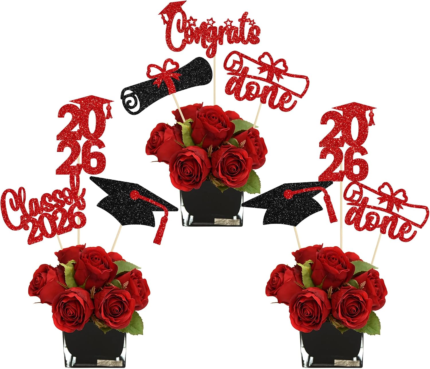Ephlyn 12Pcs Graduation Centerpieces for Tables 2026 Graduation Party Decorations Glitter Graduation Decorations Class of 2026 Picks for 2026 Centerpiece Table Decor Red Black