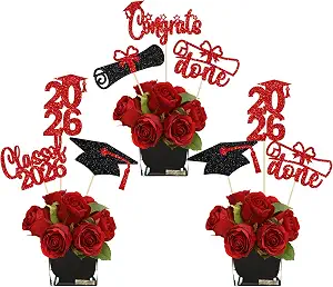  12Pcs Graduation Centerpieces for Tables 2026 Graduation Party Decorations Glitter Graduation Decorations Class of 2026 Picks for 2026 Centerpiece Table Decor Red Black