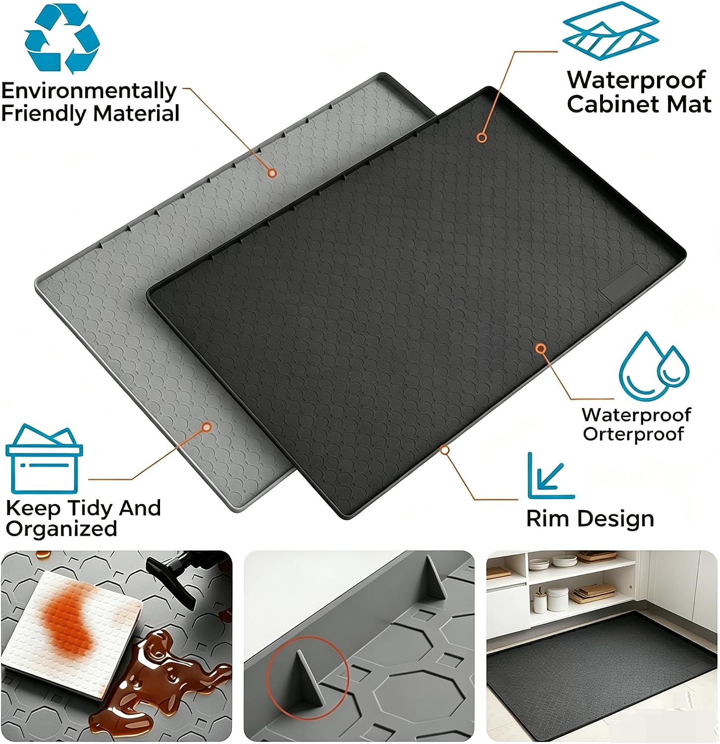 34" x 22" Silicone Under Sink Mat, Thick Silicone Mat Cabinet Protector, Sink Protector for Kitchen Organizers and Storage, Boot Tray Pet Food Mats