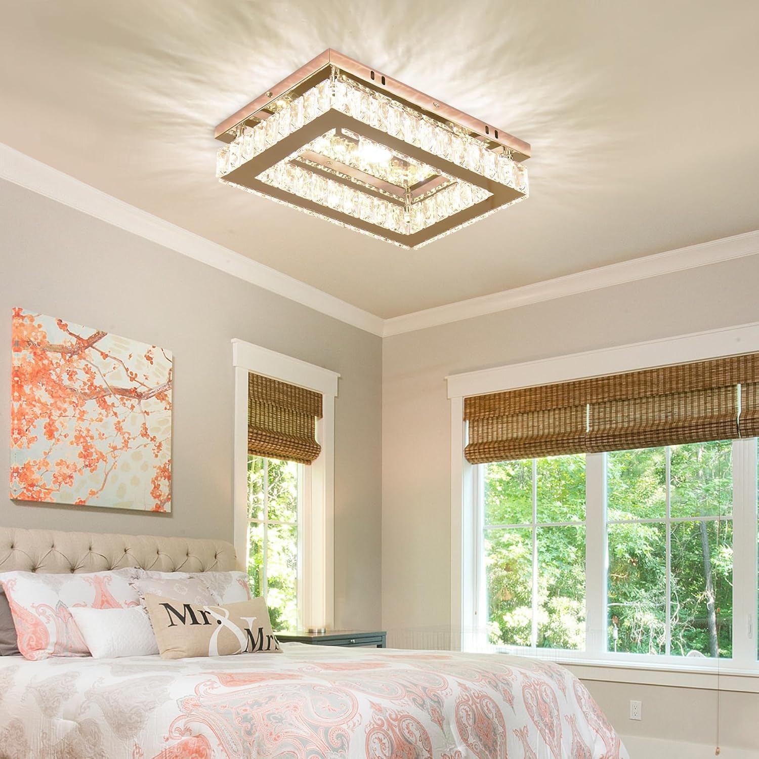 Dimmable Crystal LED Flush Mount Ceiling Light, 11.8"×9.1" Rectangular Close to Ceiling Chandelier, K9 Crystal & Stainless Steel, Remote & App Control, 3000–6500K CCT for Bedroom Living Room