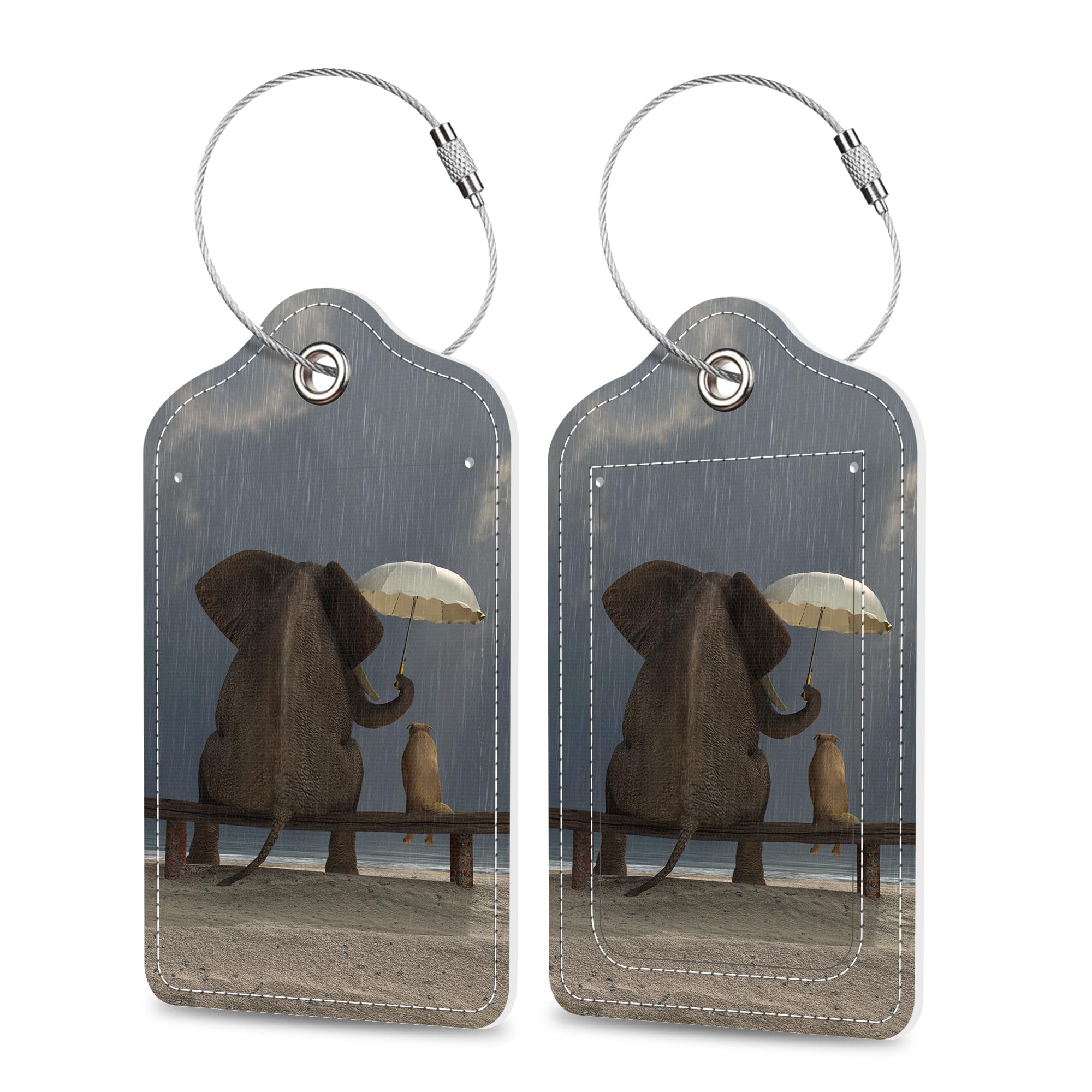 Elephant and Dog Sit Under The Rain Luggage Tags 2PCS PU Leather Suitcases Tag with Stainless Steel Loop and Privacy Name Address Cover Label Card for