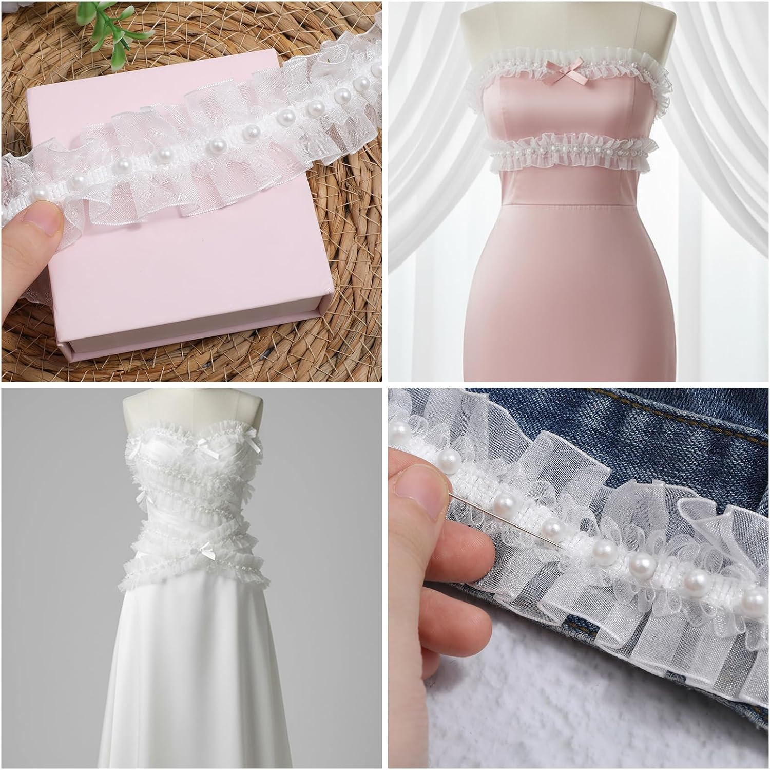 2 Yard Lace Ribbon Trim Organza White Pearl Lace Trim Ruffle Pleated Satin Beads Ruffle Tulle Fabric Edge Bridal Sew On Appliques Patches for DIY Cloth Bag Hat Dress Decoration Sewing Clothing Collar
