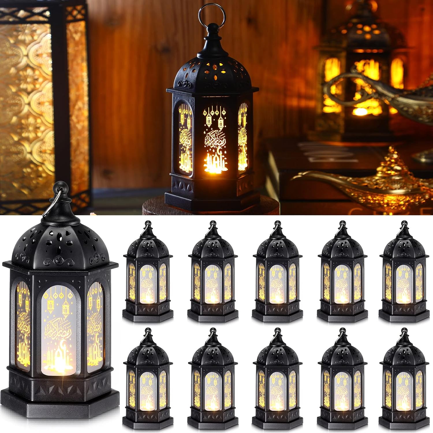 Threan 12 Pcs Mini Ramadan Candle Mubarak Lantern LED Eid Mubarak Lantern Lights Moroccan Style Hanging Lantern for Home Patio Table Wedding Centerpiece Festival Decor (Black Castle)