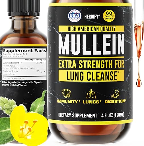 HERBIFY Mullein Drops - Lung Cleanse - Leaf Extract - Powerful Mullein for Immune Support,Detox & Respiratory Support - Made in USA - Lung Cleanse for Smokers - 4 Oz