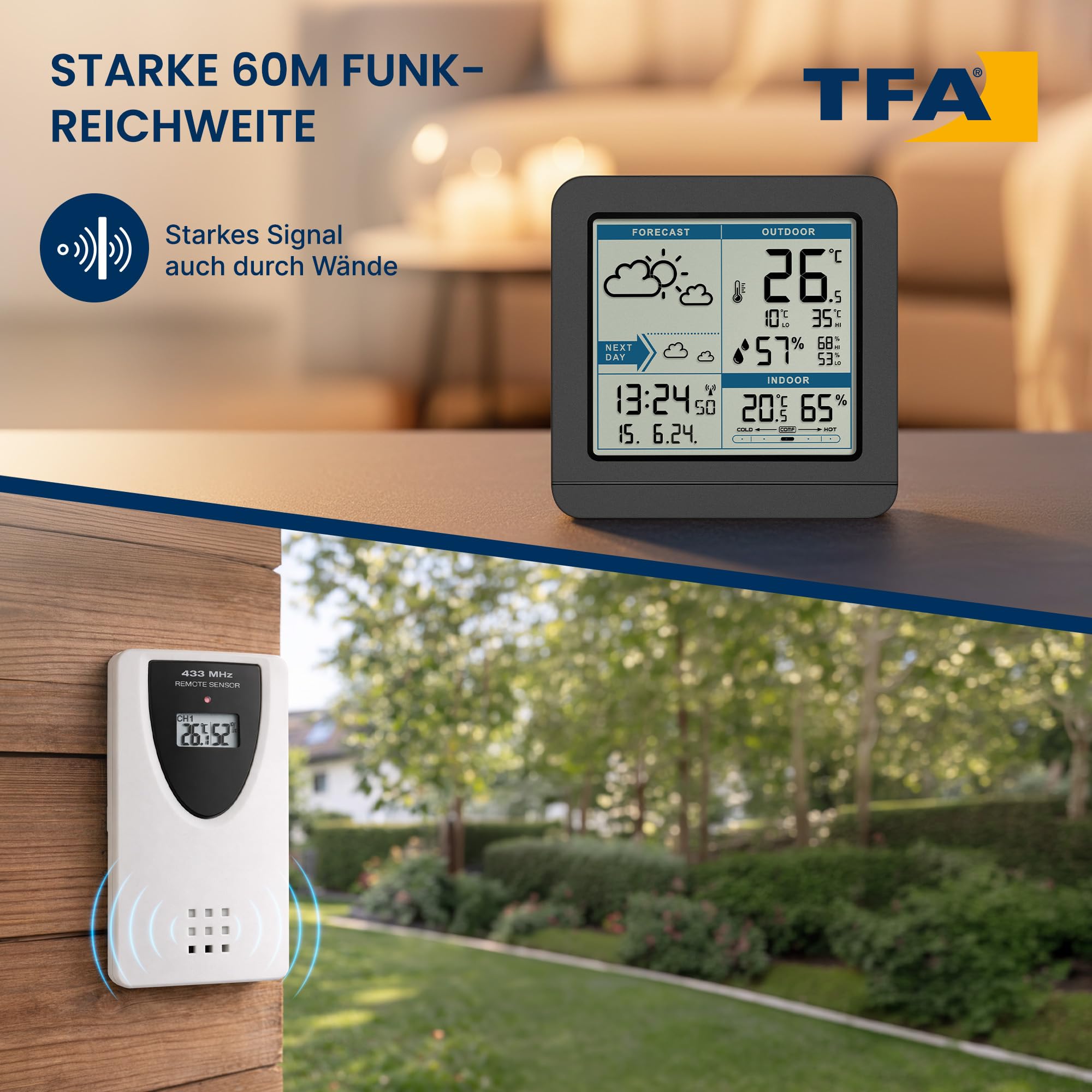 TFA Dostmann digitale Funk Wetterstation SKY, 35.1152.01, mit Außensensor, Temperatur & Luftfeuchtigkeit innen/außen, Wettervorhersage, Höchst- und Tiefstwerte, Funkuhr, 123 x 52 x 117 mm, schwarz