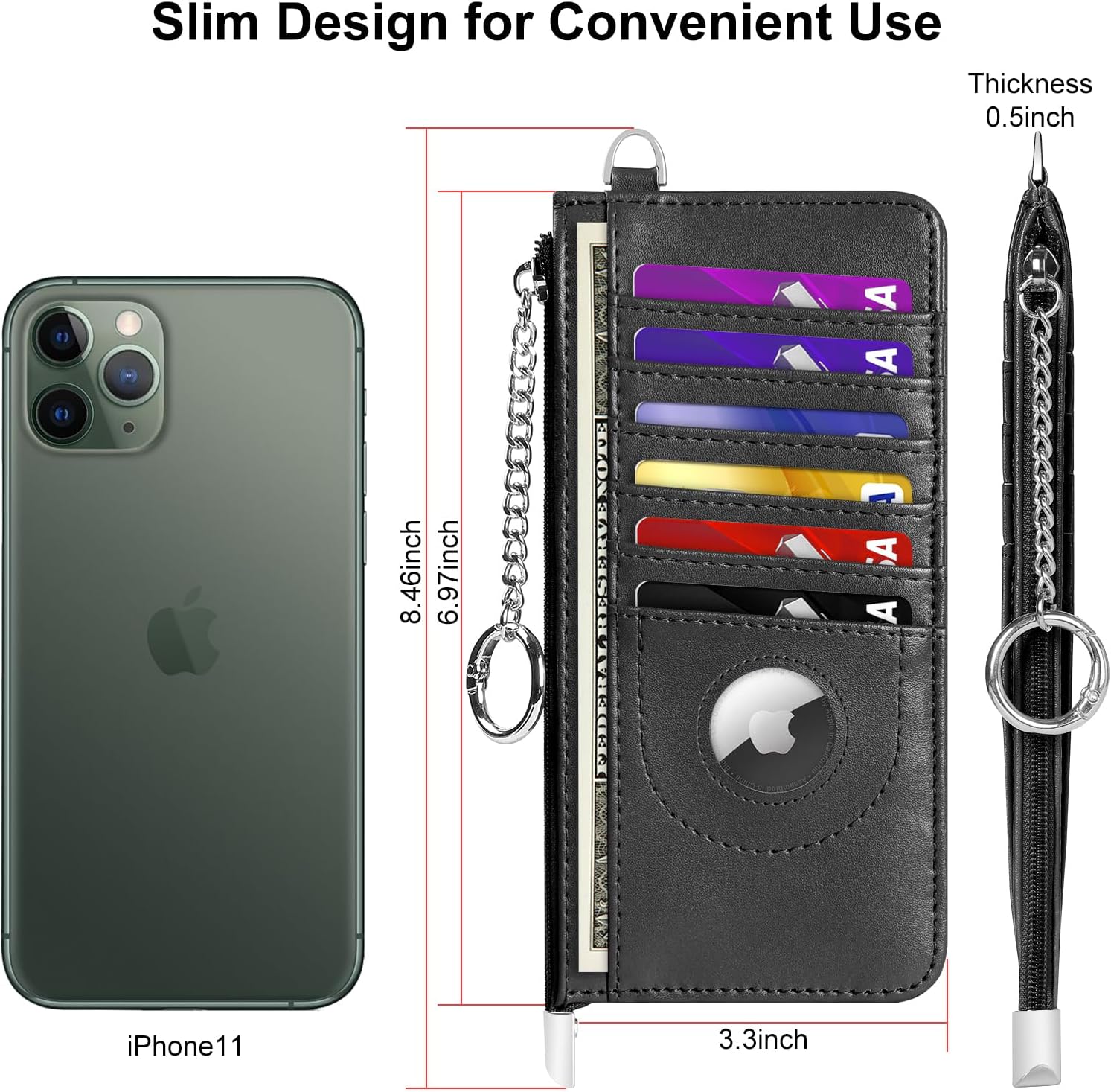 RFID Blocking Slim Credit Card Holder Wallet with Zipper Money Pocket & Keychain, Slim Airtag Wallet for Men Women